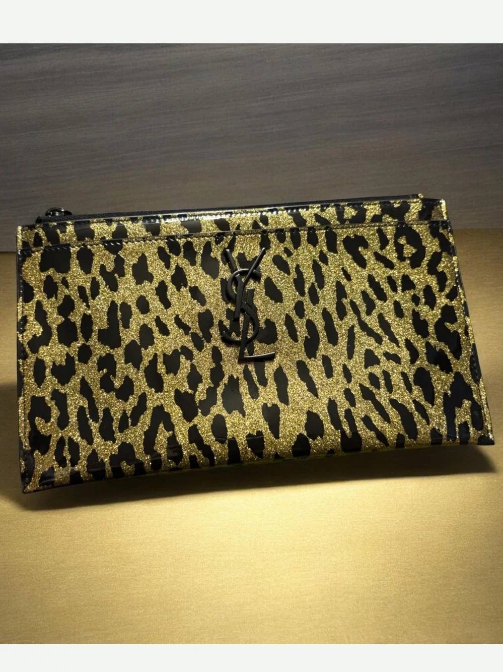 Yves Saint Laurent Gold Glitter Leopard Patent Clutch with Black YSL Logo